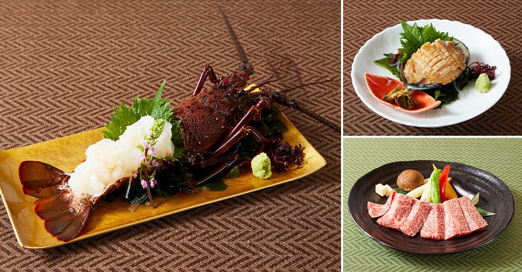 黒毛和牛・あわびに伊勢海老1匹のお刺身付き(2食付プラン)